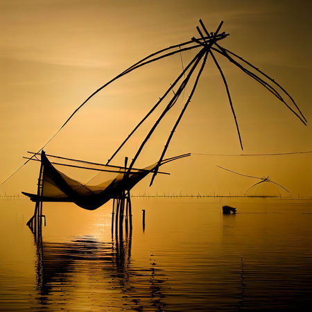 Silhouette of traditional fishing method using a bamboo square dip net in Patthalung, South of Thailand. taken in the morningの素材