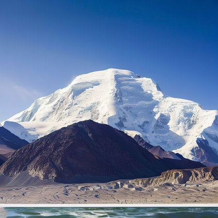 Looking up at Muztagh Tower, known as the father of glaciers, from Pamirs Karakul Lakeの素材