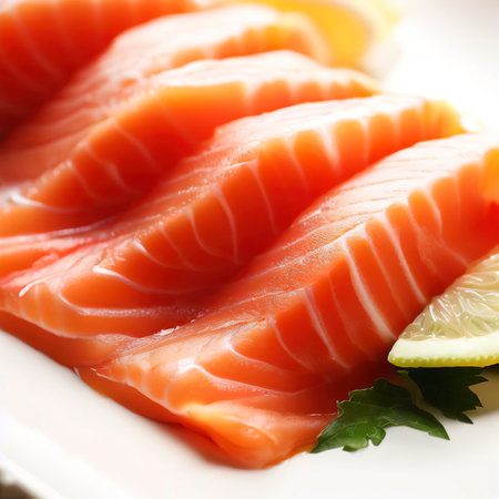 Salmon sashimi on white plateの素材
