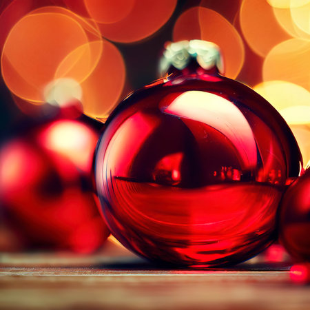 Red Christmas glass balls on wooden table against the background of defocus from the lightsの素材