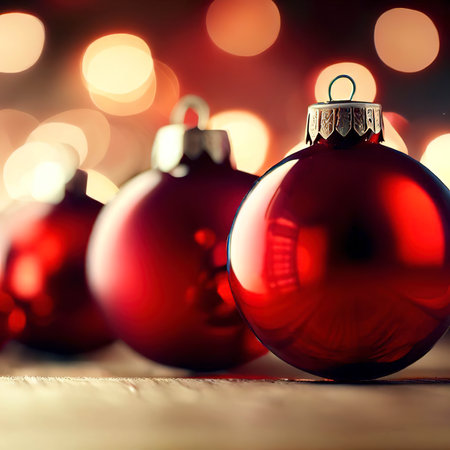 Red Christmas glass balls on wooden table against the background of defocus from the lightsの素材