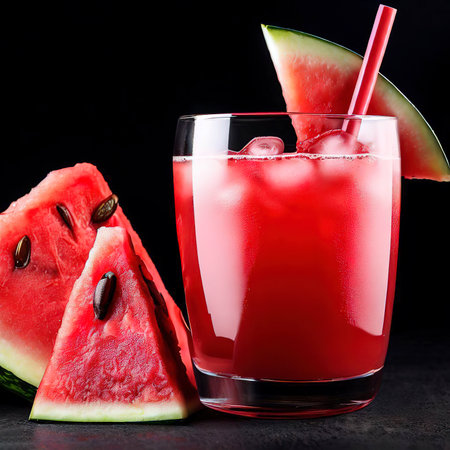 Refreshing cocktail with watermelon juice on black background garnished with chunk of watermelonの素材