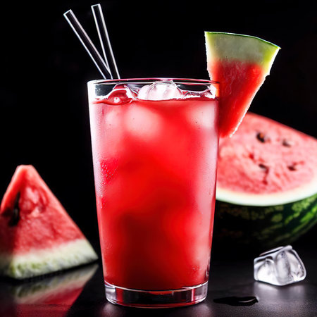 Refreshing cocktail with watermelon juice on black background garnished with chunk of watermelonの素材