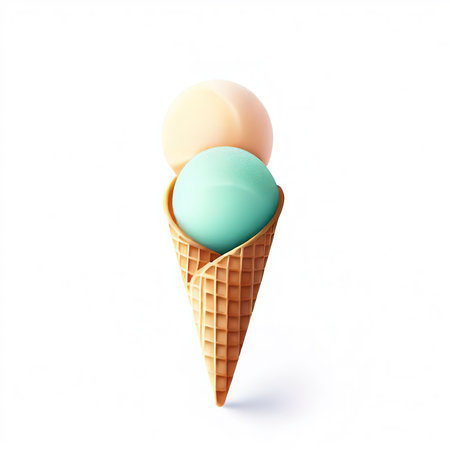 Realistic waffle icecream cone with sorbet on white background with copy space. Frozen dessert for children and adultsの素材