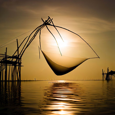 Silhouette of traditional fishing method using a bamboo square dip net in Patthalung, South of Thailand. taken in the morningの素材
