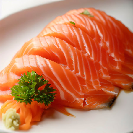 Salmon sashimi on white plateの素材