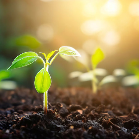 Planting seedlings young plant in the morning light on nature backgroundの素材
