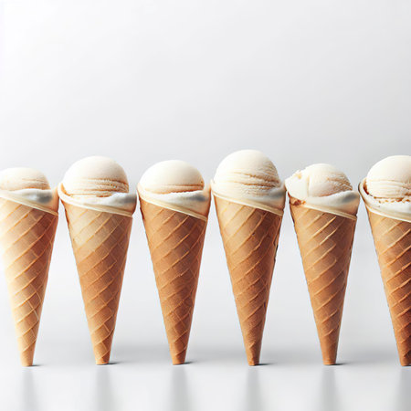 row of empty ice cream cones on white backgroundの素材