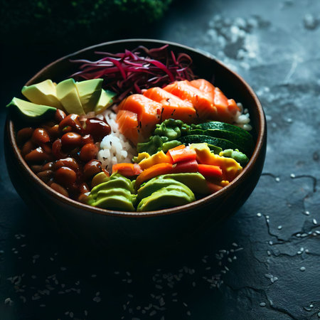 Organic poke bowl with salmon, avocado and vegetables on dark backgroundの素材