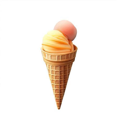 Realistic waffle icecream cone with sorbet on white background with copy space. Frozen dessert for children and adultsの素材