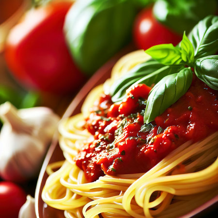 Spaghetti sauce with pasta, basil leaves, garlic and fresh tomatoes with extreme shallow depth of fieldの素材