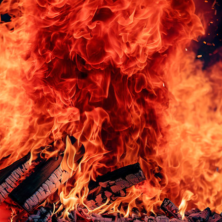 Big red and orange flames raging fire, wood and embers in the fire on a background of flamesの素材