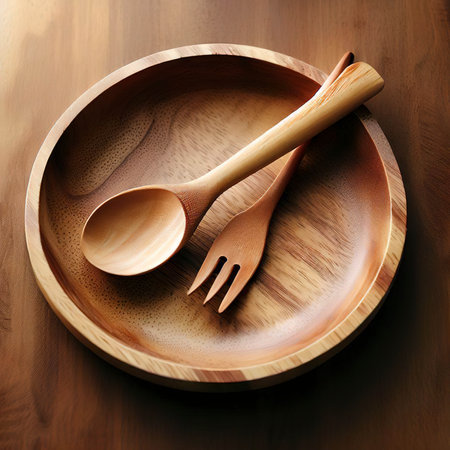 Empty wood dish with wood fork and wood spoonの素材