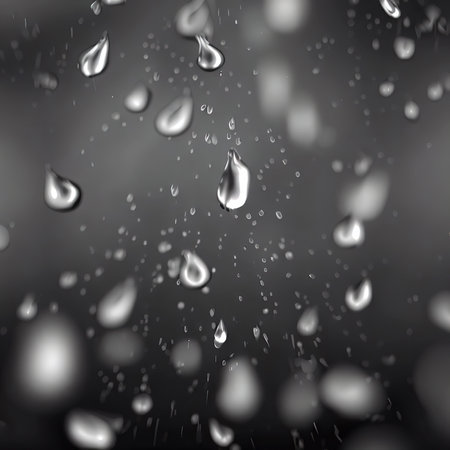 Drops of pure water, rain isolated on dark gray background. Blur. Monochrome illustration of water splashes.の素材