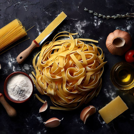 Fettuccine with ingredients for cooking italian pasta on dark background, top viewの素材