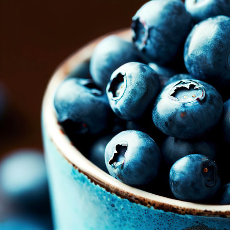 Fresh blueberries in cup with copy space close upの素材