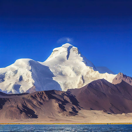 Looking up at Muztagh Tower, known as the father of glaciers, from Pamirs Karakul Lakeの素材