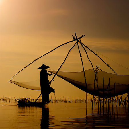 Silhouette of traditional fishing method using a bamboo square dip net in Patthalung, South of Thailand. taken in the morningの素材