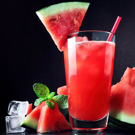Refreshing cocktail with watermelon juice on black background garnished with chunk of watermelonの素材