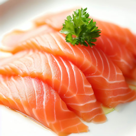 Salmon sashimi on white plateの素材