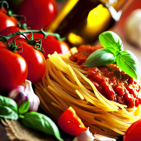 Spaghetti sauce with pasta, basil leaves, garlic and fresh tomatoes with extreme shallow depth of fieldの素材