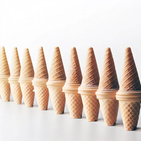 row of empty ice cream cones on white backgroundの素材