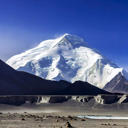 Looking up at Muztagh Tower, known as the father of glaciers, from Pamirs Karakul Lakeの素材