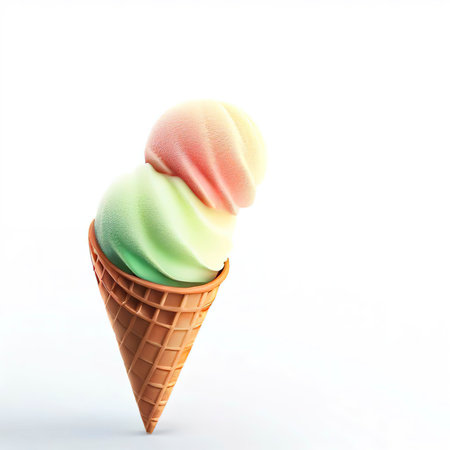 Realistic waffle icecream cone with sorbet on white background with copy space. Frozen dessert for children and adultsの素材