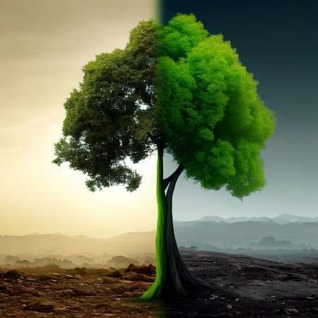 tree in two  with very different environments Earth Day or World Environment Day Global Warming and Pollutionの素材