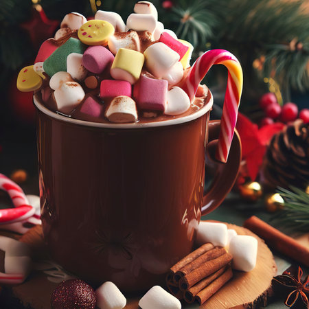 Christmas Desserts. Hot Chocolate Full Of Marshmallow Candies And Gingerbread Houseの素材