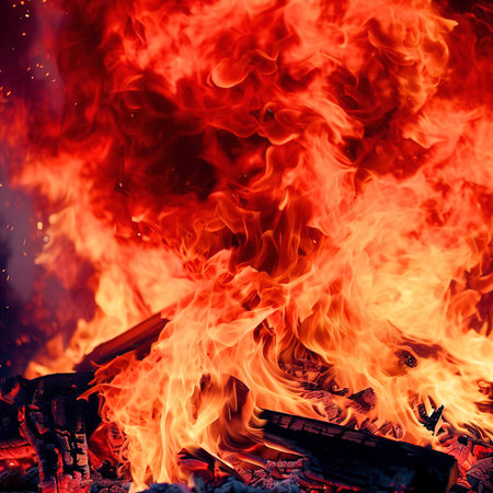 Big red and orange flames raging fire, wood and embers in the fire on a background of flamesの素材