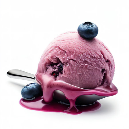 Blueberry ice cream scoop isolated on white backgroundの素材