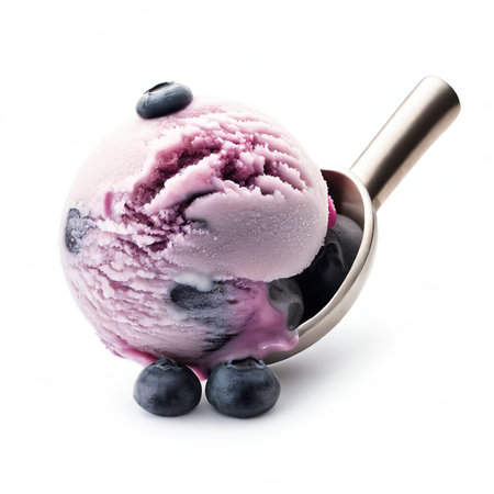 Blueberry ice cream scoop isolated on white backgroundの素材