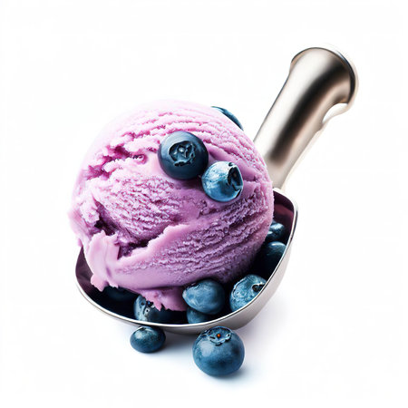 Blueberry ice cream scoop isolated on white backgroundの素材