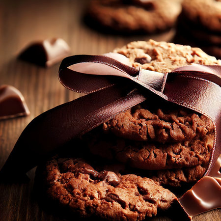 chocolate cookies with ribbon on wooden tableの素材