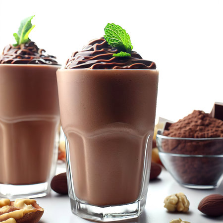 a glass of chocolate smoothies on white backgroundの素材