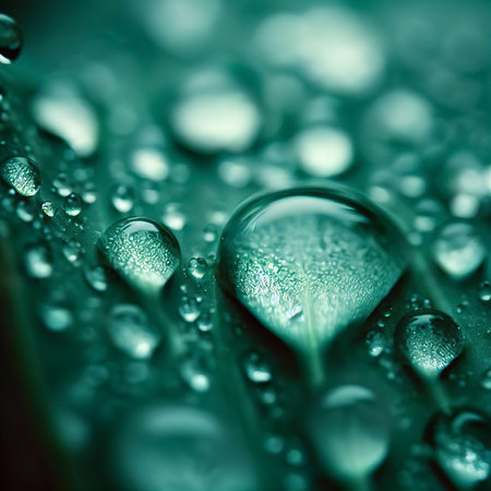 Close up shot of rain droplets on the green leafの素材