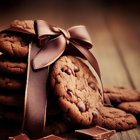 chocolate cookies with ribbon on wooden tableの素材