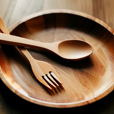 Empty wood dish with wood fork and wood spoonの素材