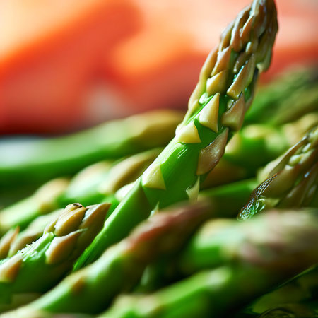 Freshly sauteed asparagus with salmon in background. Extreme shallow depth of field with selective focus on tip of asparagusの素材