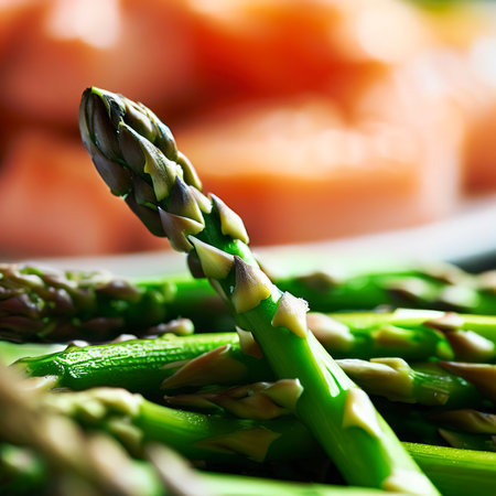 Freshly sauteed asparagus with salmon in background. Extreme shallow depth of field with selective focus on tip of asparagusの素材