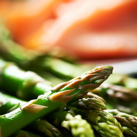 Freshly sauteed asparagus with salmon in background. Extreme shallow depth of field with selective focus on tip of asparagusの素材