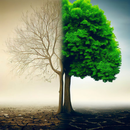 tree in two  with very different environments Earth Day or World Environment Day Global Warming and Pollutionの素材