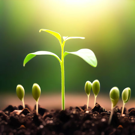 Development of seedling growth Planting seedlings young plant in the morning light on nature backgroundの素材