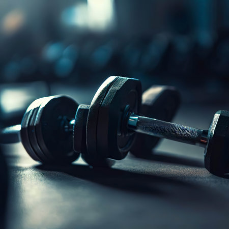 Dumbbells on the floor of a gymの素材