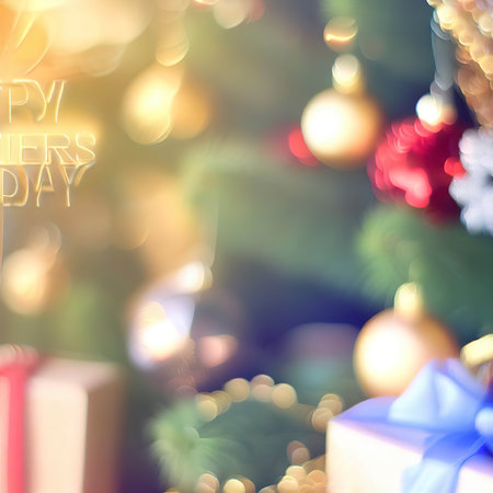Happy new year and ornaments on the Christmas tree with gift box ,blurred and soft focusの素材