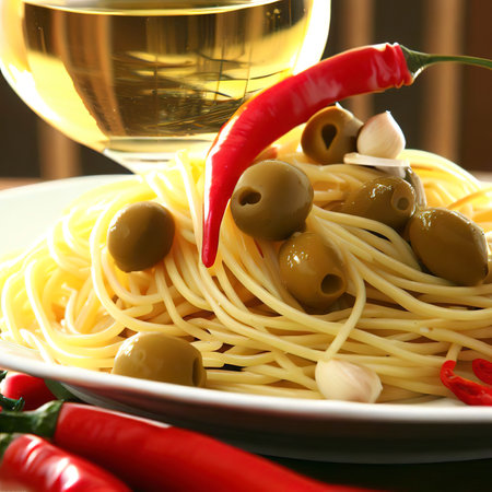 spaghetti olives chili peppers and white wineの素材