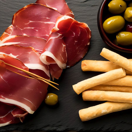 Spanish serrano ham with olives and breadstick on black slate backgroundの素材