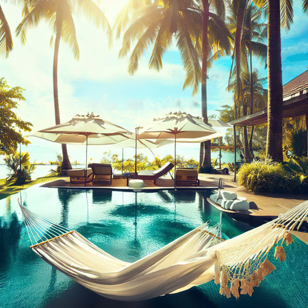 Vacation luxury resort with a swimming pool ,hammock and umbrellas.の素材