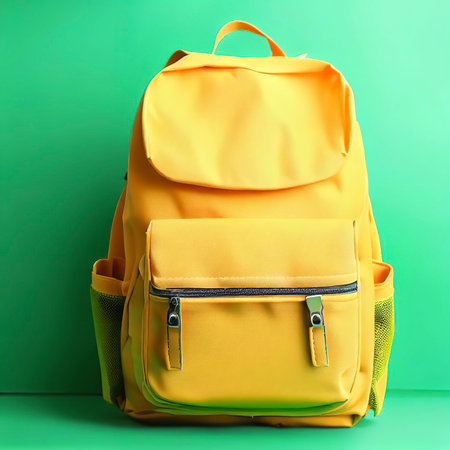 Yellow backpack, School bag on green backgroundの素材